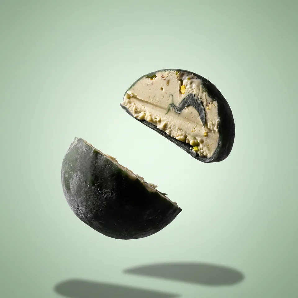 Pistachio mochi, two halves