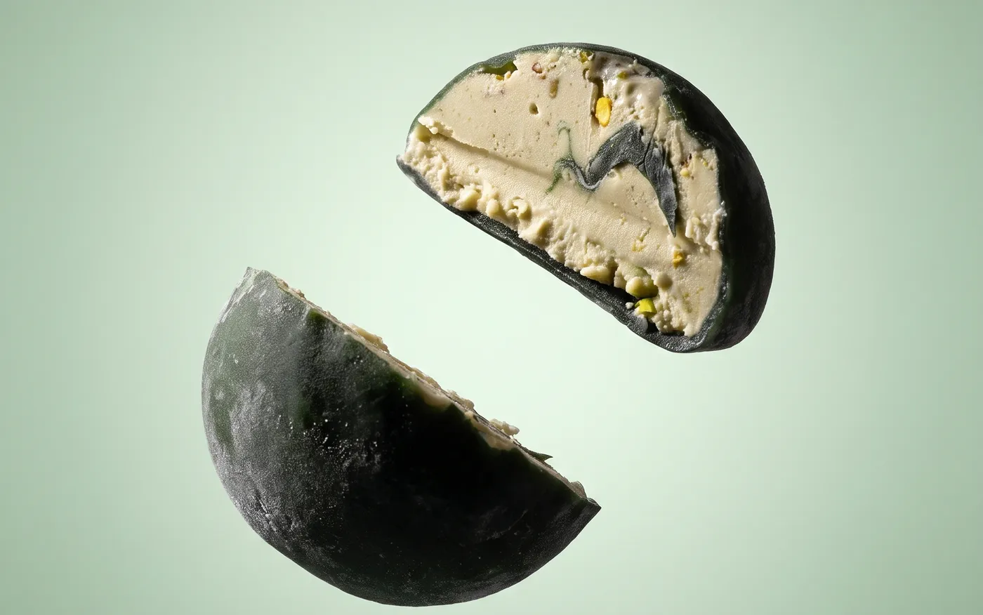 Pistachio mochi, two halves