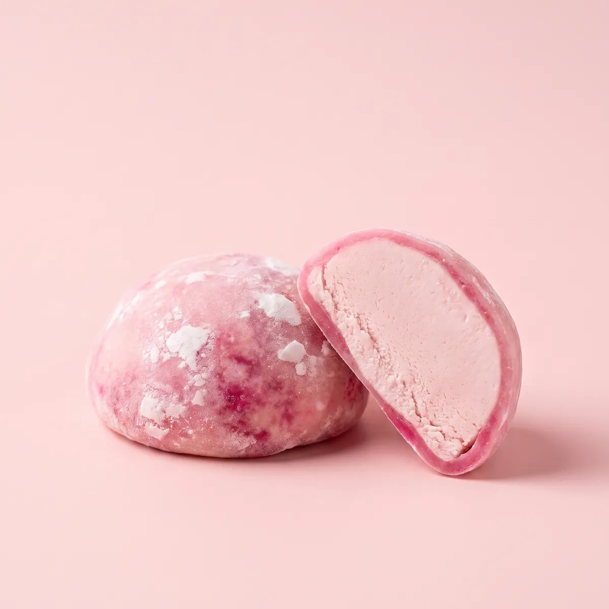 Bubblegum mochi, whole and cut open