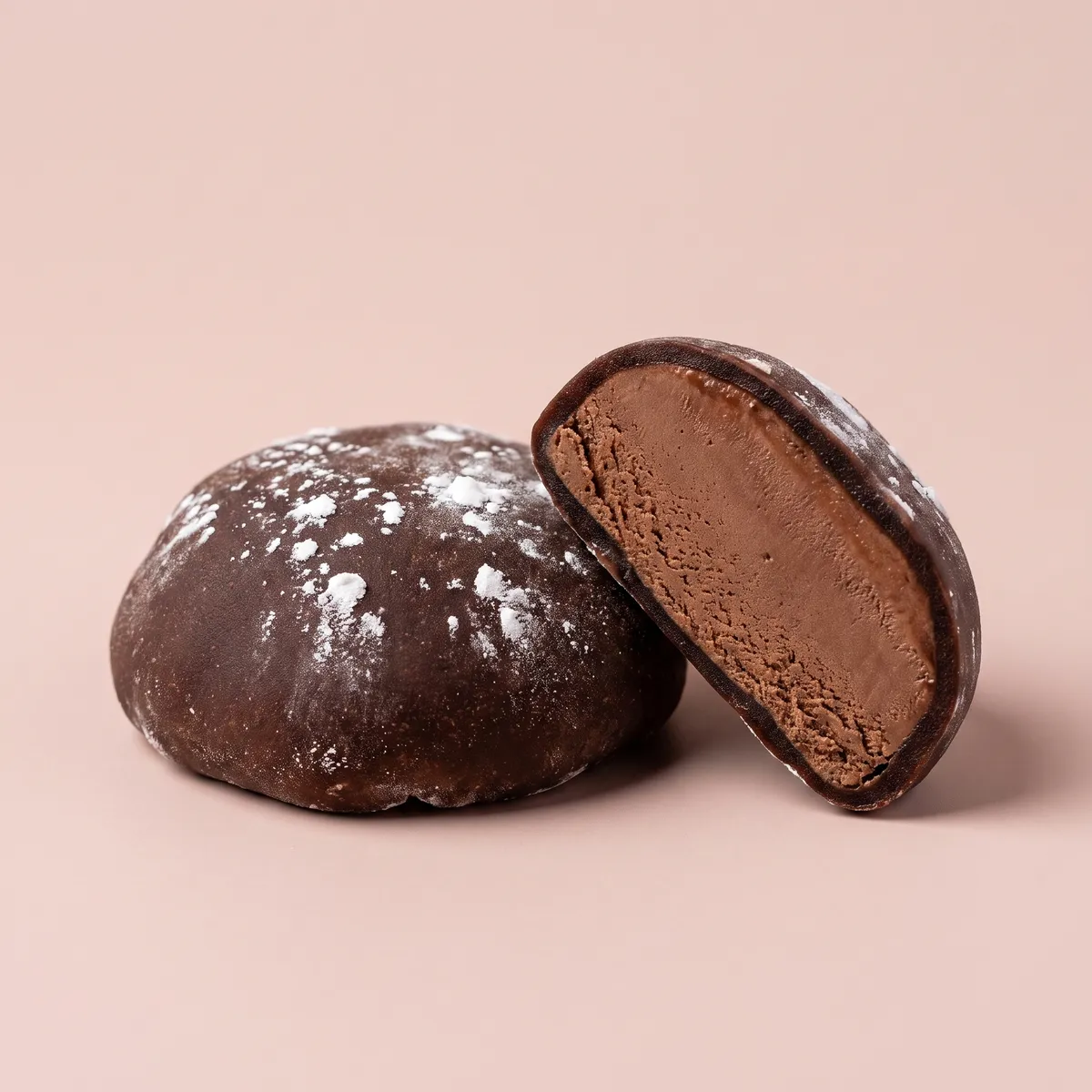 Chocolate mochi, whole and cut open