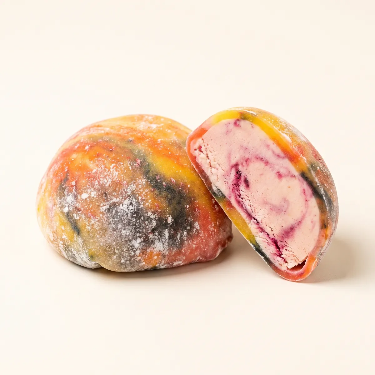 Rainbow mochi, whole and cut open