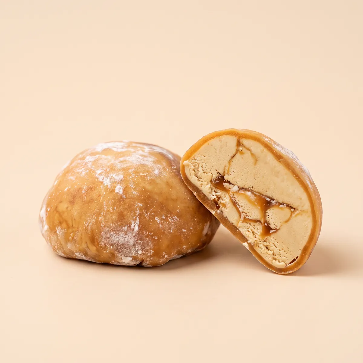 Salted caramel mochi, whole and cut open
