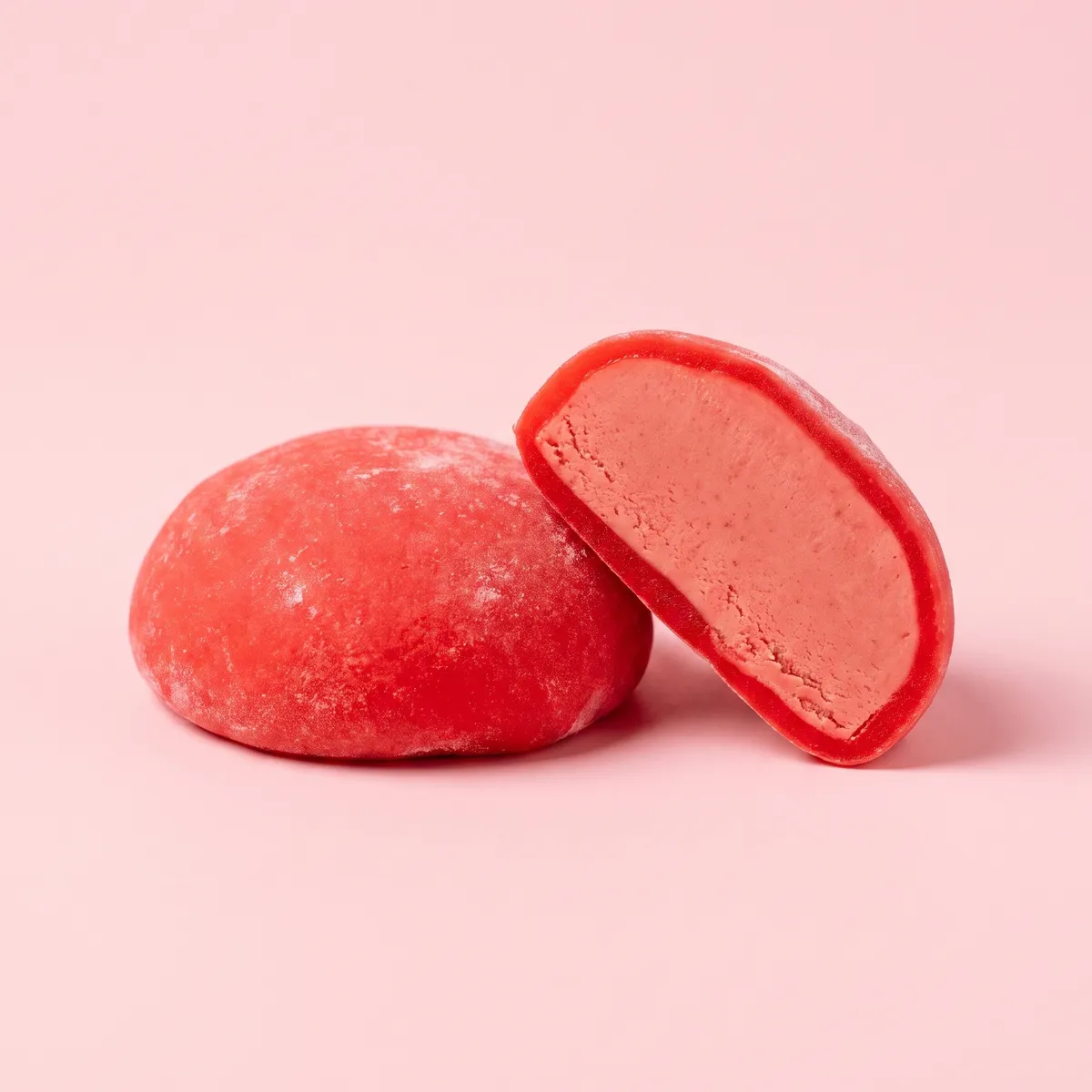 Strawberry mochi, whole and cut open
