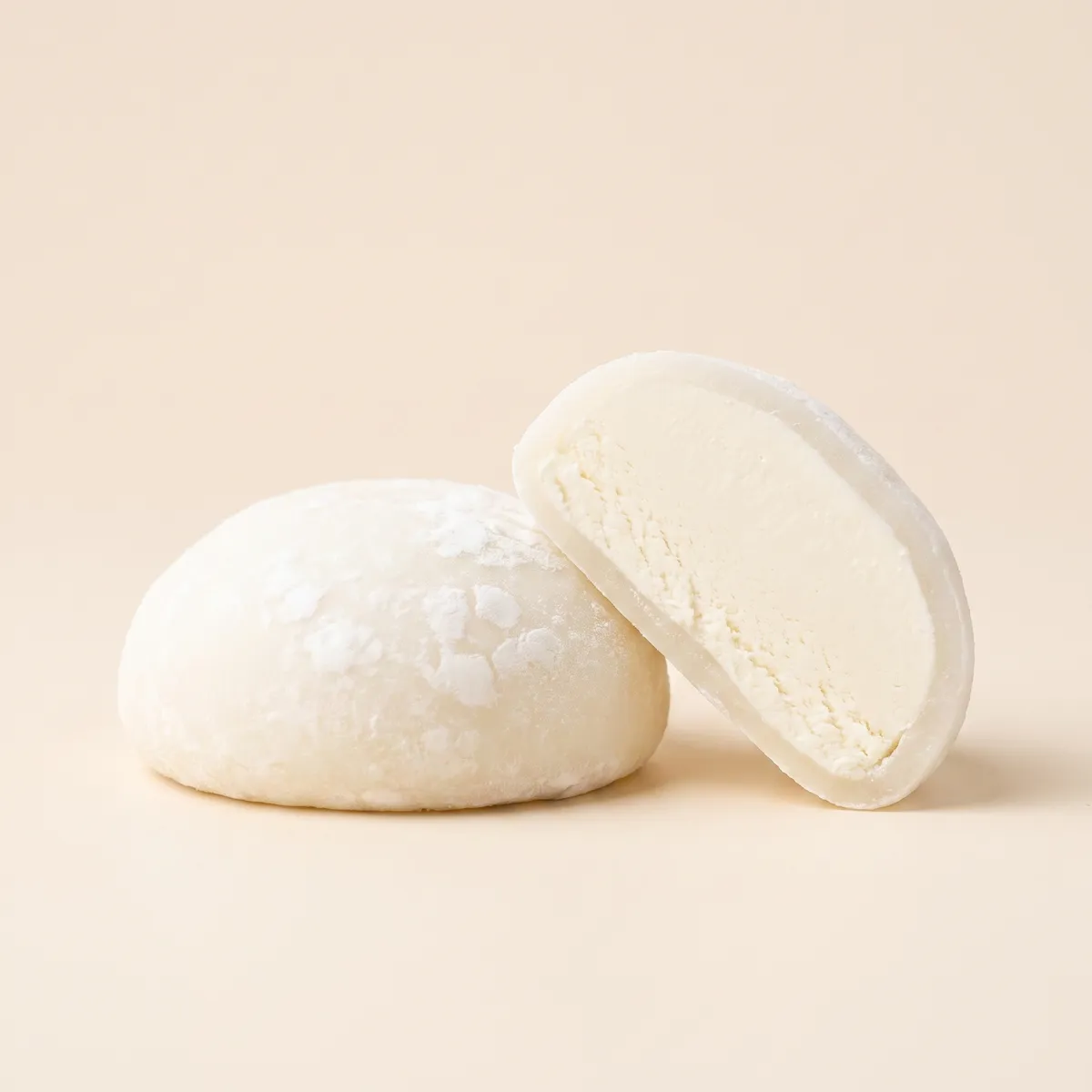 Vanilla mochi, whole and cut open