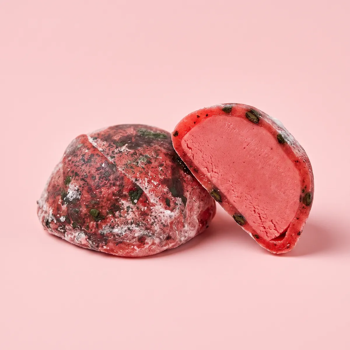 Watermelon mochi, whole and cut open