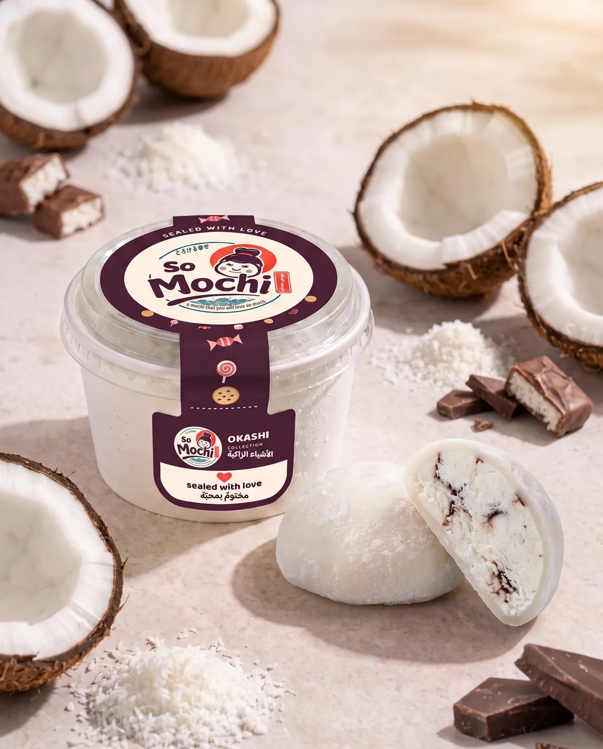 Jumbo Bounty mochi, whole and cut open, beside its sealed So Mochi cup