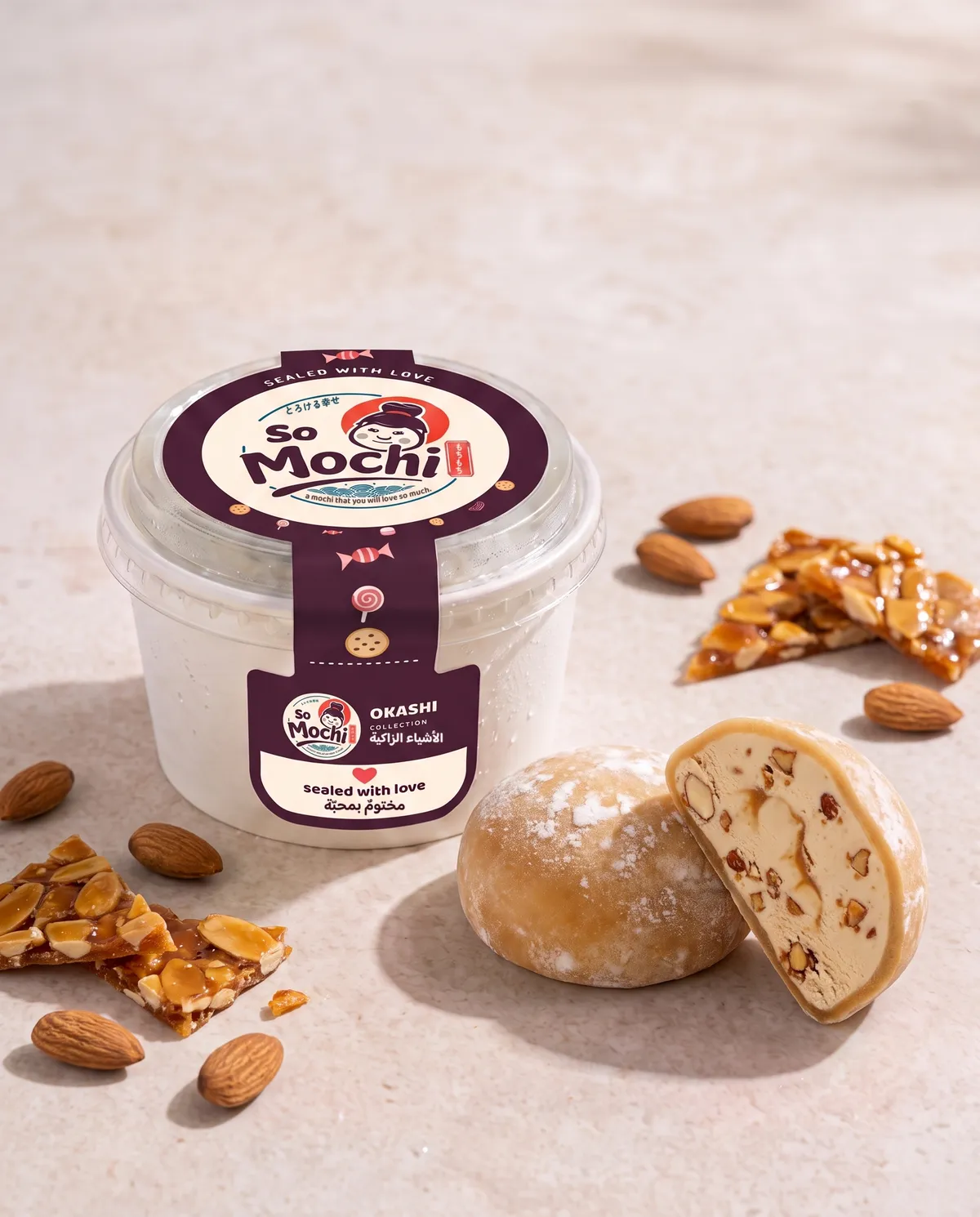 Jumbo Crocan mochi, whole and cut open, beside its sealed So Mochi cup